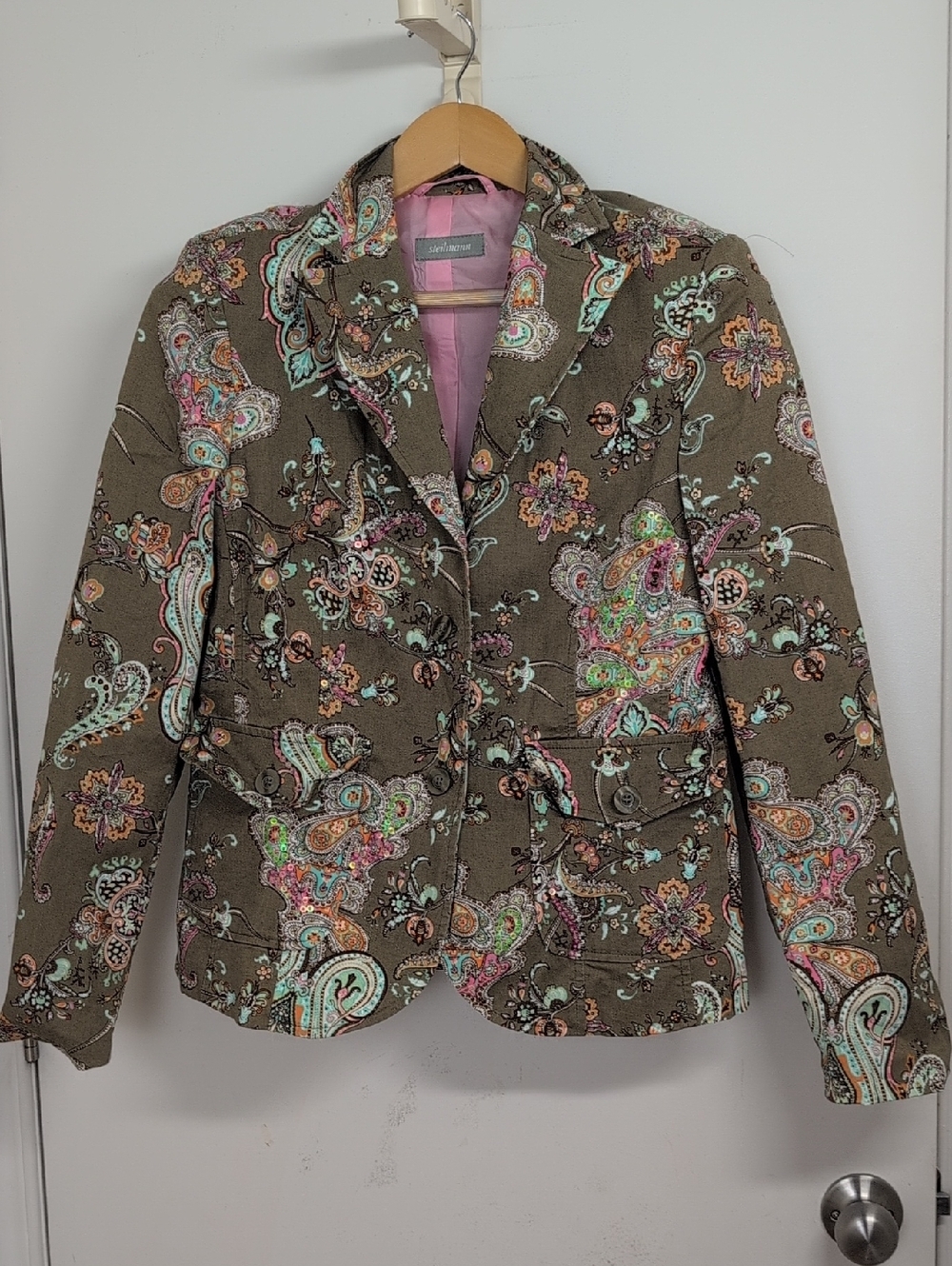 STEILMANN Paisley Print Tailored Blazer Jacket Size Medium Brown Pink Aqua Boho